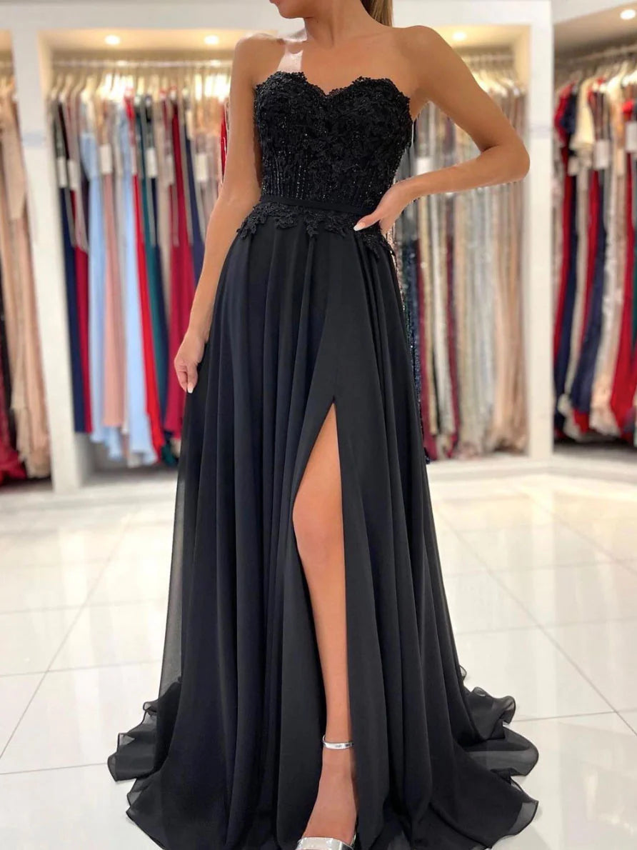 Black sweetheart A line chiffon lace long prom dress evening dress Off Shoulder With Slit