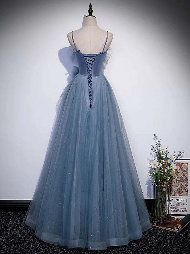 Gray blue tulle long prom dress A line evening dress Formal Dress december wedding guest dress