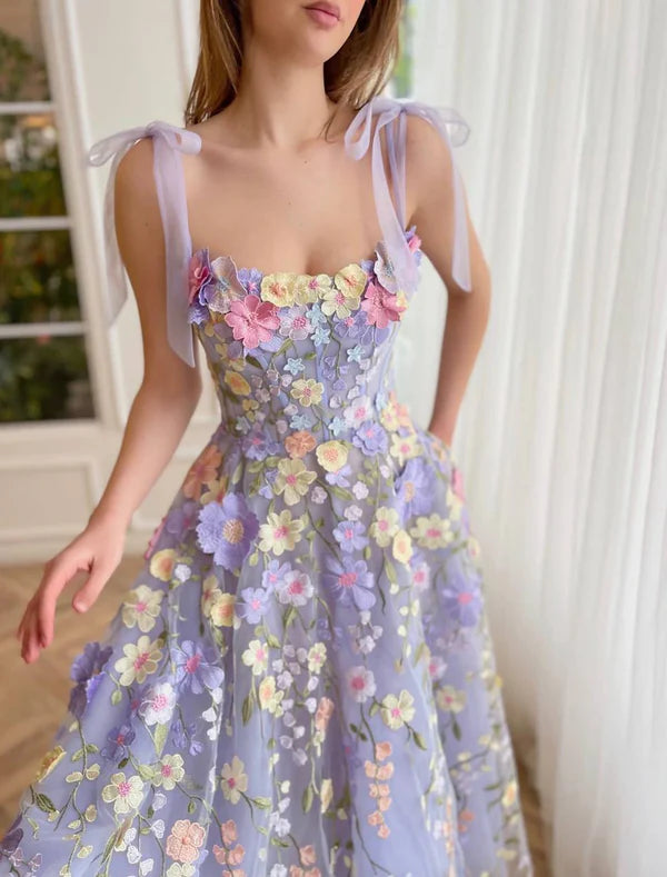 A-Line Cocktail Dresses Corsets Dress Wedding Guest Summer Tea Length Sleeveless Scoop Neck Bridesmaid Dress Tulle with Flowers