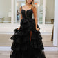 Black Sweetheart Tiered Sequin Lace Long Prom Dresses Sparkly Evening Dress With Slit