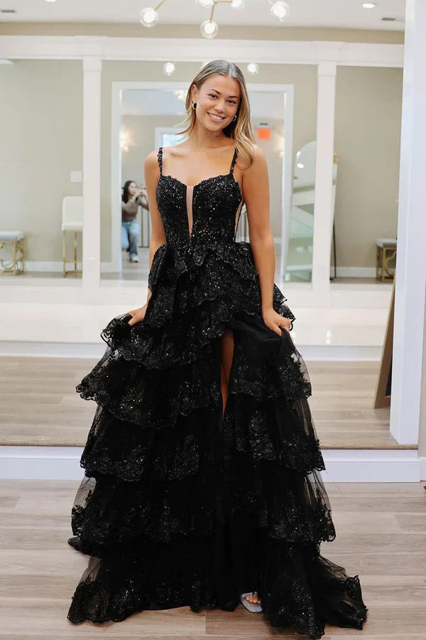 Black Sweetheart Tiered Sequin Lace Long Prom Dresses Sparkly Evening Dress With Slit