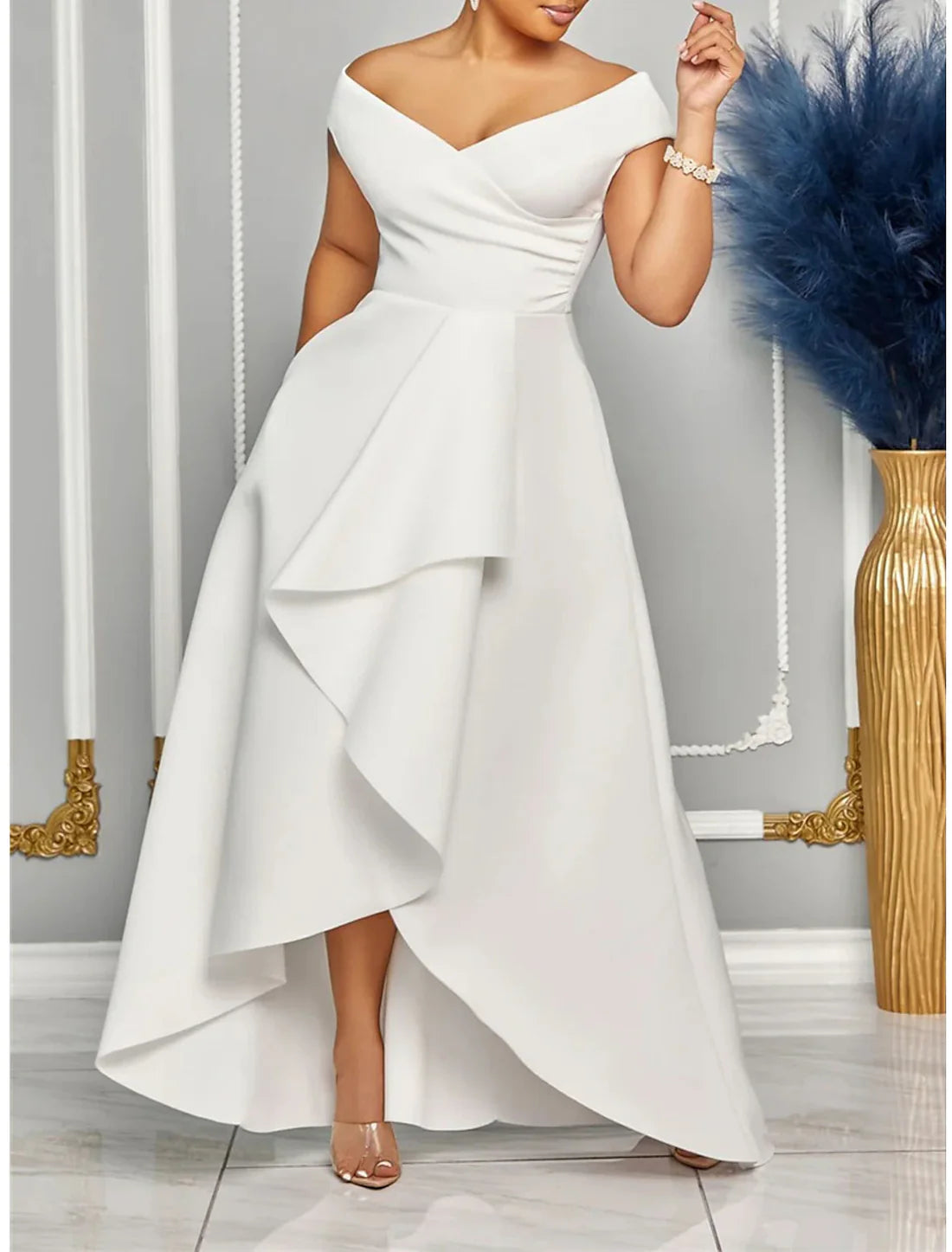 Women's Prom Dress Party Dress Wedding Guest Dress Long Dress Maxi Dress Black White Red Short Sleeve Plain Ruffle V Neck Elegant Evening Party Vacation