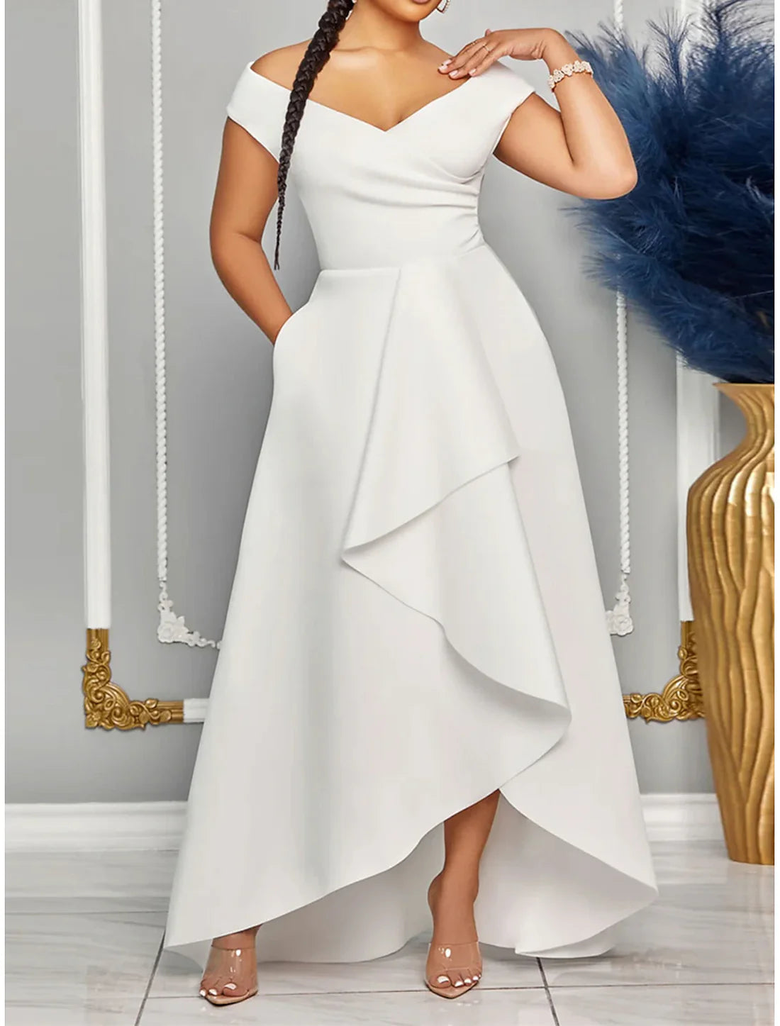 Women's Prom Dress Party Dress Wedding Guest Dress Long Dress Maxi Dress Black White Red Short Sleeve Plain Ruffle V Neck Elegant Evening Party Vacation