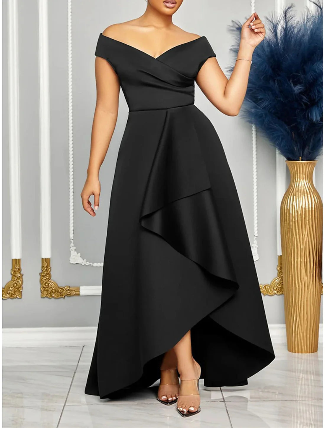 Women's Prom Dress Party Dress Wedding Guest Dress Long Dress Maxi Dress Black White Red Short Sleeve Plain Ruffle V Neck Elegant Evening Party Vacation