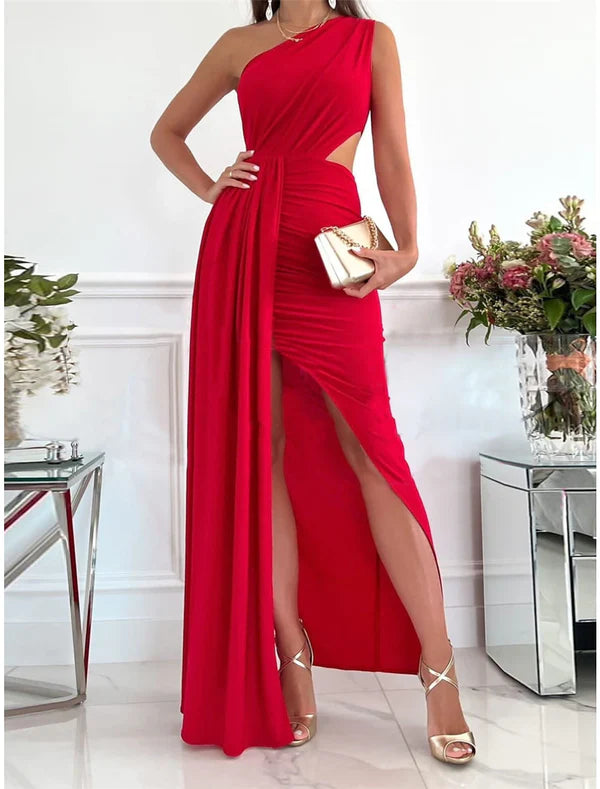 Women‘s Prom Dress Wedding Guest Party Dress Formal Dress Long Dress Maxi Dress Pink Red Green Sleeveless Pure Color Backless Summer Spring Fall One Shoulder Evening