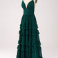 Spaghetti Straps V-Neck Floor-length Tiered Prom Dress with Pleated Bridesmaid Dress