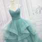 Sparkling Quinceanera Dress V Neck Tulle Long Prom Dress Green Sweet Dress Floor Length
