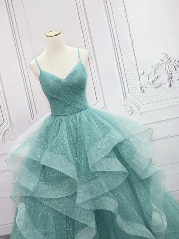 Sparkling Quinceanera Dress V Neck Tulle Long Prom Dress Green Sweet Dress Floor Length