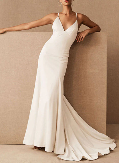 Mermaid Wedding Dresses V Neck Sleeveless With Train Floor Length Simple