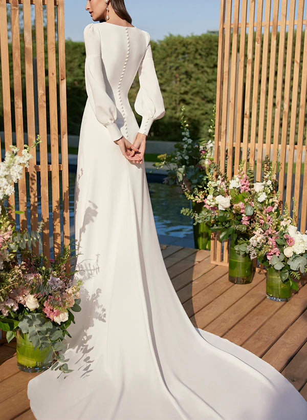 Boho Square Neckline Wedding Dresses With Long Sleeves And Chiffon Court Train Elegant