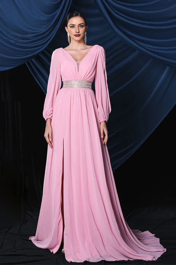 Pink Chiffon Long Sleeves Formal Prom Dress With Slit Evening Dress Wedding Guest Dress