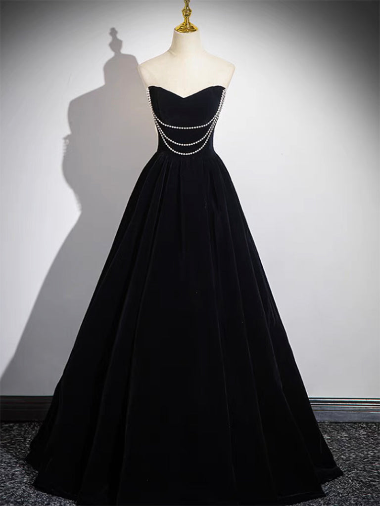 A-Line Black Velvet Long Prom Dress Evening Dress Off Shoulder december wedding guest dress