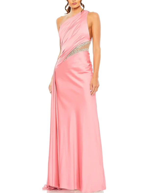 A-Line Evening Gown Elegant Dress Formal Floor Length Sleeveless One Shoulder Satin with Glitter Ruched Sequin Wedding Guest Dress