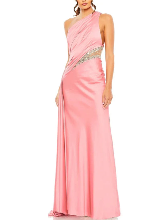 A-Line Evening Gown Elegant Dress Formal Floor Length Sleeveless One Shoulder Satin with Glitter Ruched Sequin Wedding Guest Dress