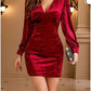 Wine Red Velvet Dress Cocktail Dress Mini Dress Long Sleeve Pure Color Ruched Fall Winter Autumn V Neck Fashion Party Dress Sexy