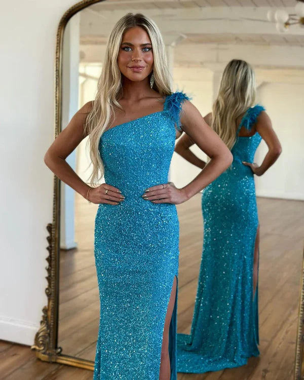 Sparkly Mermaid One Shoulder Blue Sequins Long Prom Dresses Evening Dress With Slit