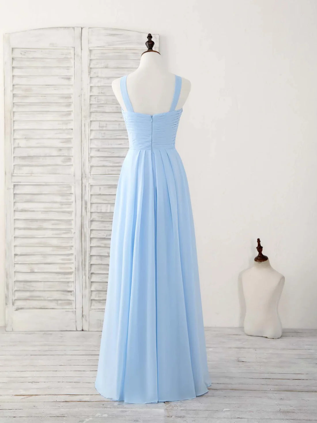 Simple V Neck Chiffon Sky Blue Floor-length Prom Dress Bridesmaid Dress Solid Color