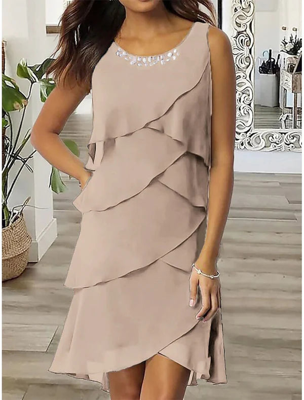 Wedding Guest Party Dress Chiffon Dress Semi Formal Dress Fashion Midi Dress Ruffle Layered Crew Neck Sleeveless Plain Loose Fit Mother of the Bride Dress