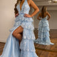 Sparkly Light Blue Halter Backless Lace Tiered Long Prom Dress With Slit V-neck Sexy