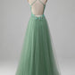Sparkly Green A-Line Spaghetti Straps Corset Prom Dress With Appliques Beautiful With Slit