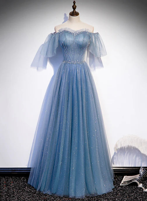 Charming Light Blue Tulle Puffy Sleeves Floor Length Party Dress A-line Pricess Gowns Prom Dress Sparkly