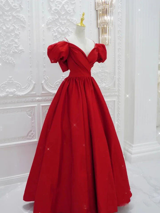 Red v neck satin long prom dress evening dress A Line Formal Dress With Bow(s) december wedding guest dress