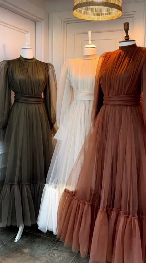 Brown Tulle Long Sleeves A-Line Formal Party Dress Elegant Evening Dress wedding guest dress