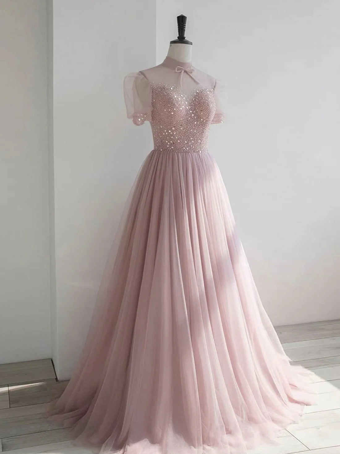 Pink round neck tulle sequin long prom dress formal dress Short Sleeves december wedding guest dress