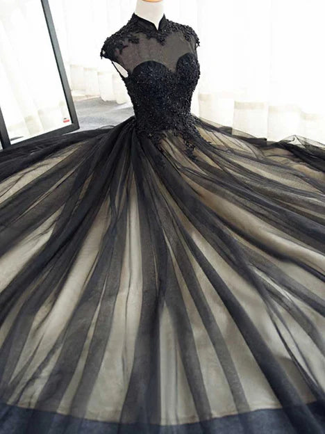 Elegant High Neck Prom Dress Black Formal Dress A Line Floor Length Evening Dress