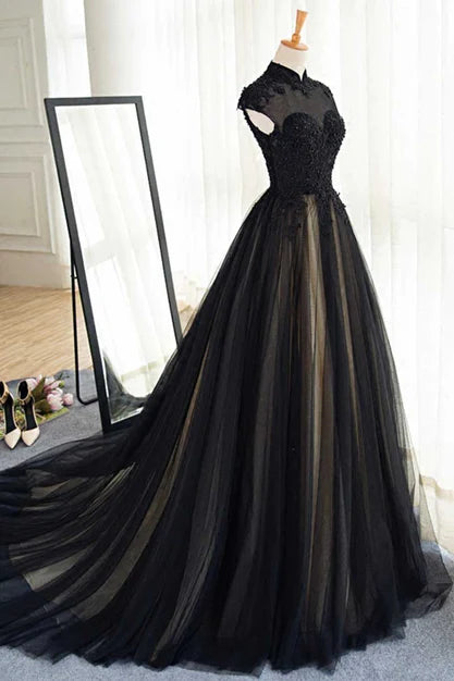 Elegant High Neck Prom Dress Black Formal Dress A Line Floor Length Evening Dress