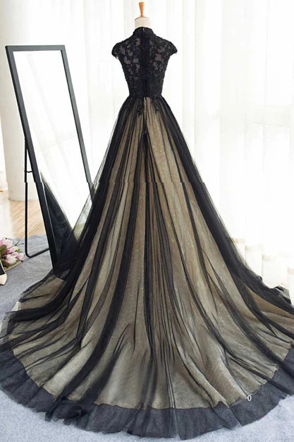 Elegant High Neck Prom Dress Black Formal Dress A Line Floor Length Evening Dress