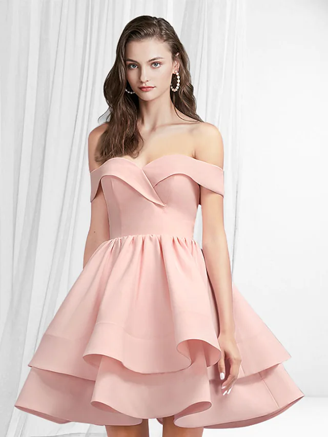 A-Line Empire Minimalist Homecoming Engagement Dress Off Shoulder Sleeveless Short Mini Satin