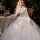 Princess Ball Gown Wedding Dresses V Neck Floor Length Lace Tulle Long Sleeve Romantic Sparkle & Shine
