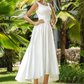 A-Line Wedding Dresses Scoop Neck Asymmetrical Satin Sleeveless with Beading Appliques Pocket