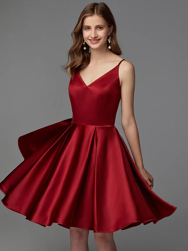 A-Line Hot Homecoming Cocktail Party Valentine's Day Dress V Neck Sleeveless Short Mini Satin