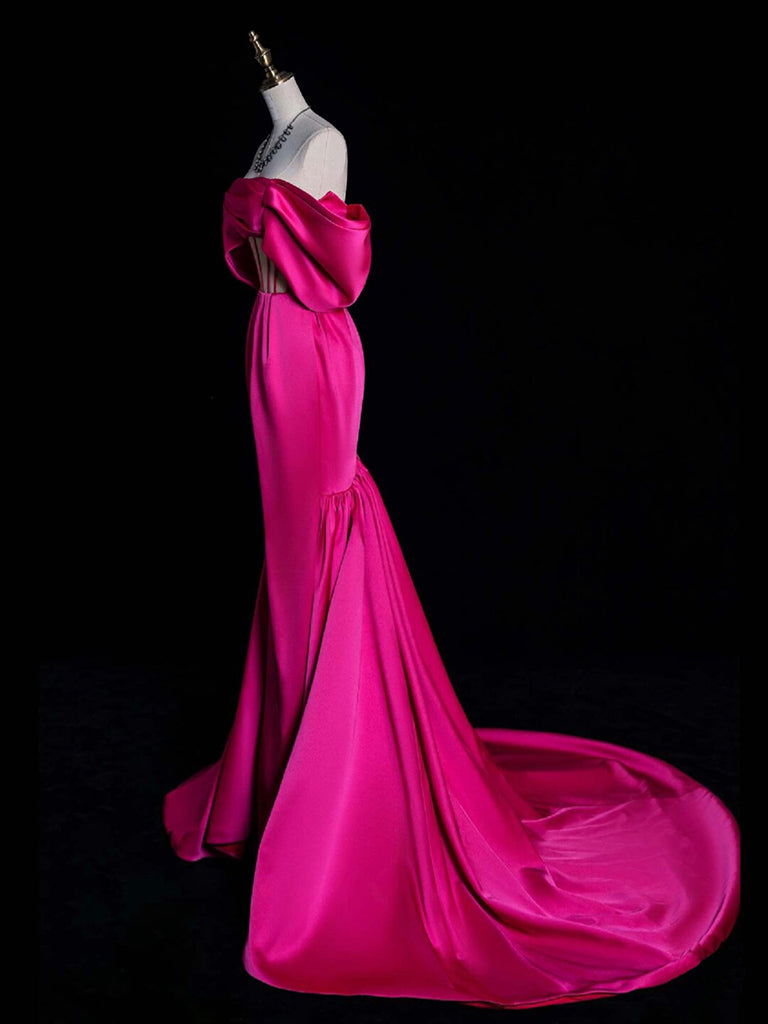 Simple Off Shoulder Mermaid Rose Red Long Prom Dress Satin Formal Dress Fuchsia Evening Dress