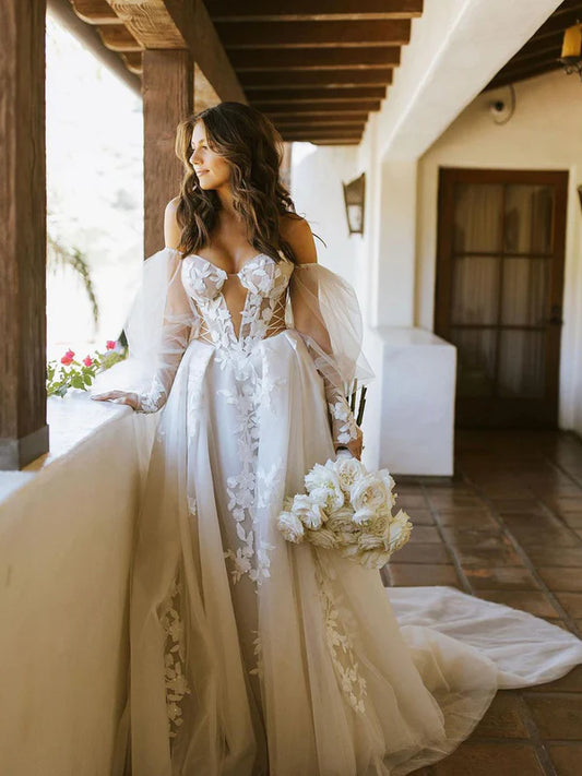 A-Line Off The Shoulder Long Sleeves Lace Appliques Bohemian Wedding Dress Sexy