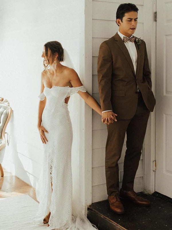 Attractive Off-the-shoulder Wedding Gowns Lace Sheath Bridal Dresses With Slit Sexy