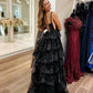 Black Sweetheart Tiered Sequin Lace Long Prom Dresses Sparkly Evening Dress With Slit