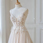 Champagne v neck tulle lace long prom dress evening dress A Line Sleeveless Formal Dress