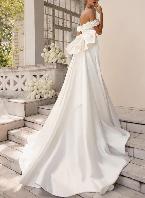 Off The Shoulder Satin Court Train Wedding Dress Trumpet/Mermaid With Appliques Lace With Flowers