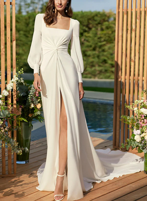 Boho Square Neckline Wedding Dresses With Long Sleeves And Chiffon Court Train Elegant