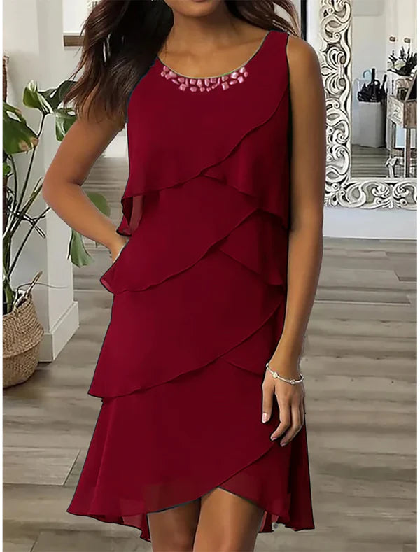 Wedding Guest Party Dress Chiffon Dress Semi Formal Dress Fashion Midi Dress Ruffle Layered Crew Neck Sleeveless Plain Loose Fit Mother of the Bride Dress