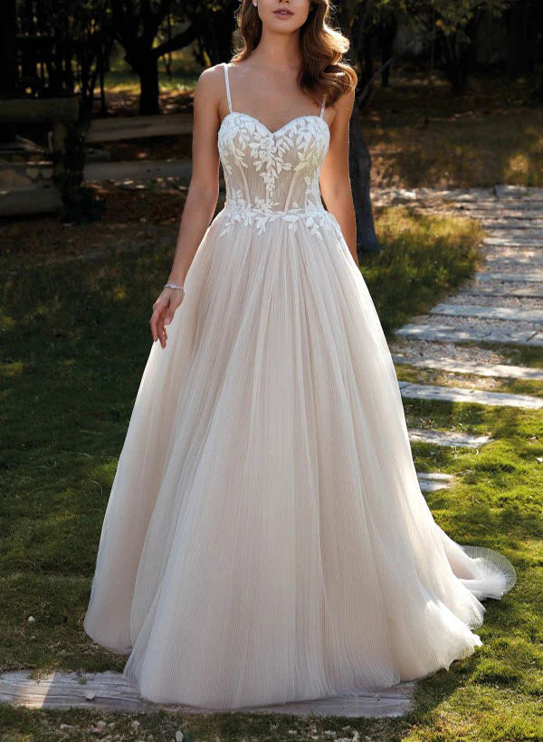 A-Line Sweetheart Sleeveless Sweep Train Tulle Wedding Dresses With Appliques Lace Elegant