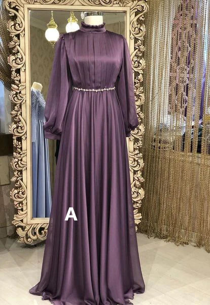 Modest High Neck Long Sleeves A-Line Chiffon Formal Party Dress Elegant Evening Dress