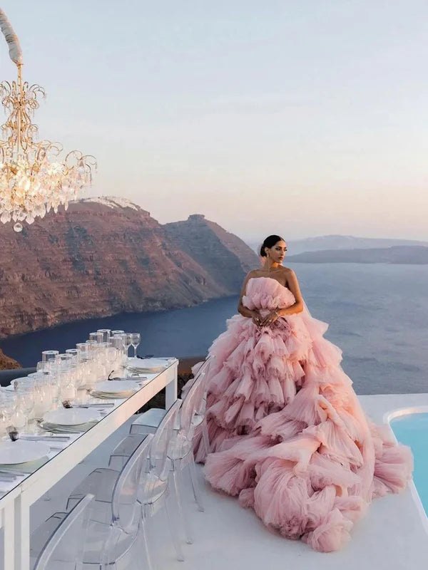 Layers Tulle Ball Gown Wedding Dress Drama Pink Wedding Dress Off Shoulder Without Wedding Veil