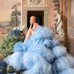 Drama Ball Gown Wedding Dress Blue Tiered Tulle Wedding Dress Off Shoulder Elegant