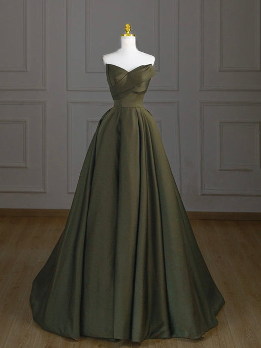 A-Line V Neck Satin Green Long Prom Dress Evening Dress Off Shoulder Solid Color