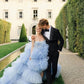 Drama Ball Gown Wedding Dress Blue Tiered Tulle Wedding Dress Off Shoulder Elegant