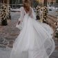 A Line Long Sleeves Wedding Gown Soft Tulle Bohemian Wedding Dress V-neck Sexy